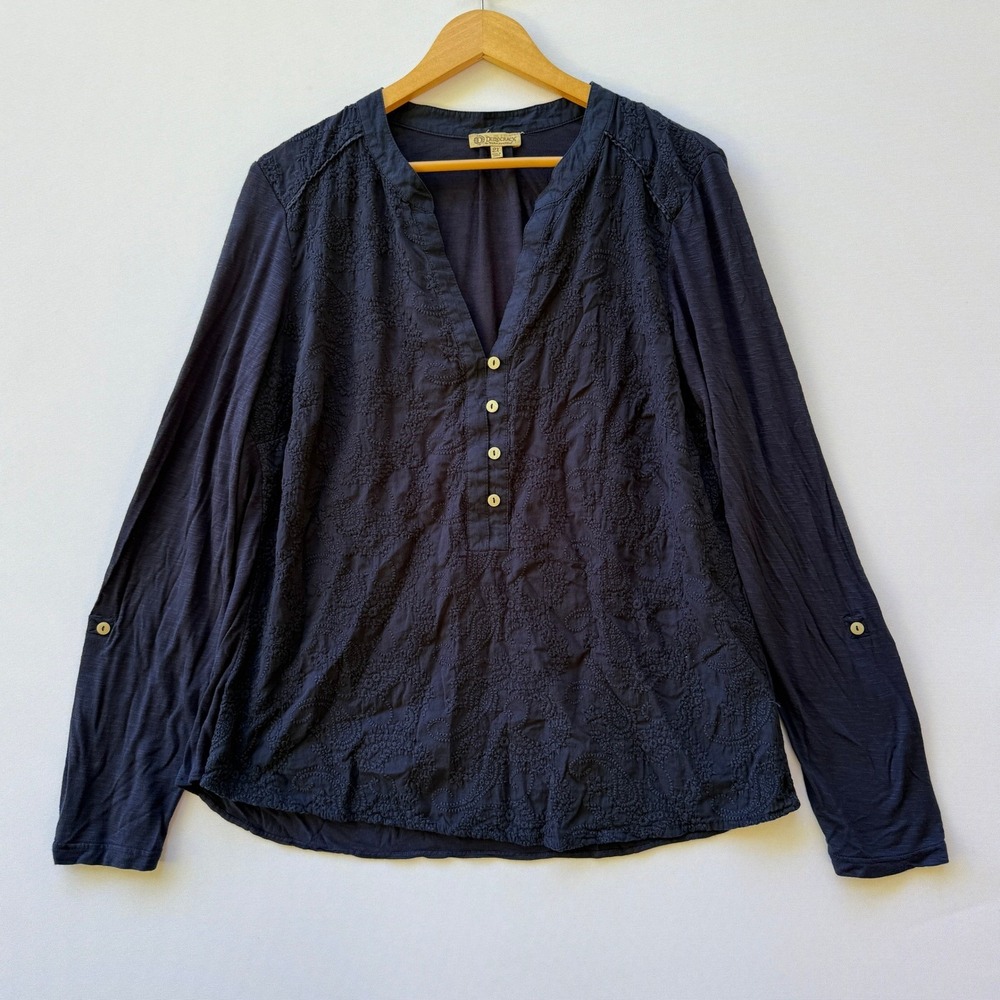 Democracy Embroidered Henley Top Women 2X Navy‎ Blue Roll Tab Sleeve WMA08611E